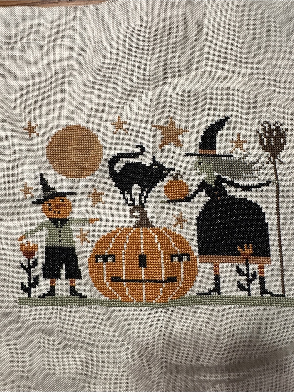 Handmade Halloween Unframed cross stitch piece on linen